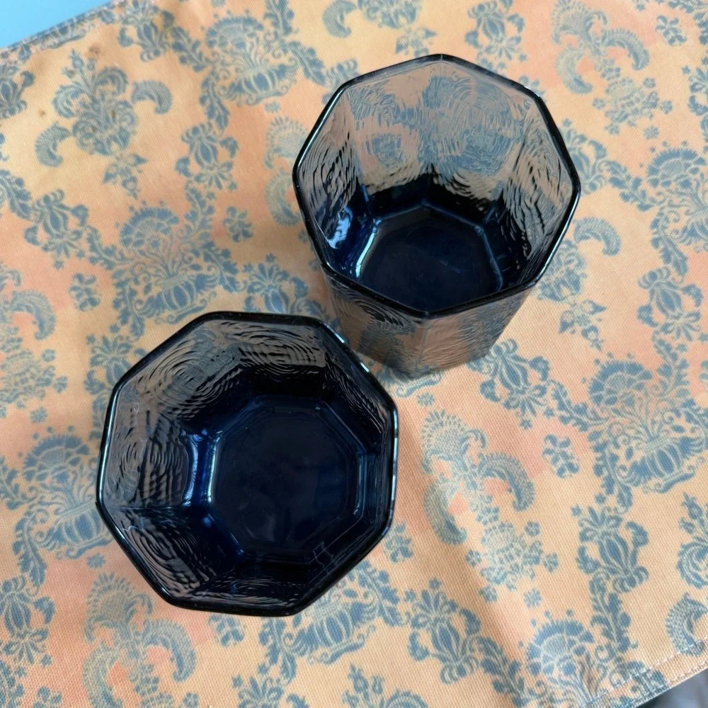 Libbey Facets Pair of‎ Cobalt Blue 8-Sided Textured Glass Tumblers